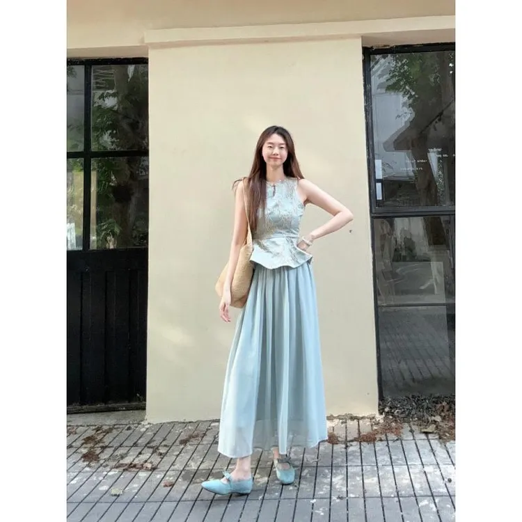 夏季套装女新款爆款财阀千金收腰新中式国风上衣网纱半身裙两件套