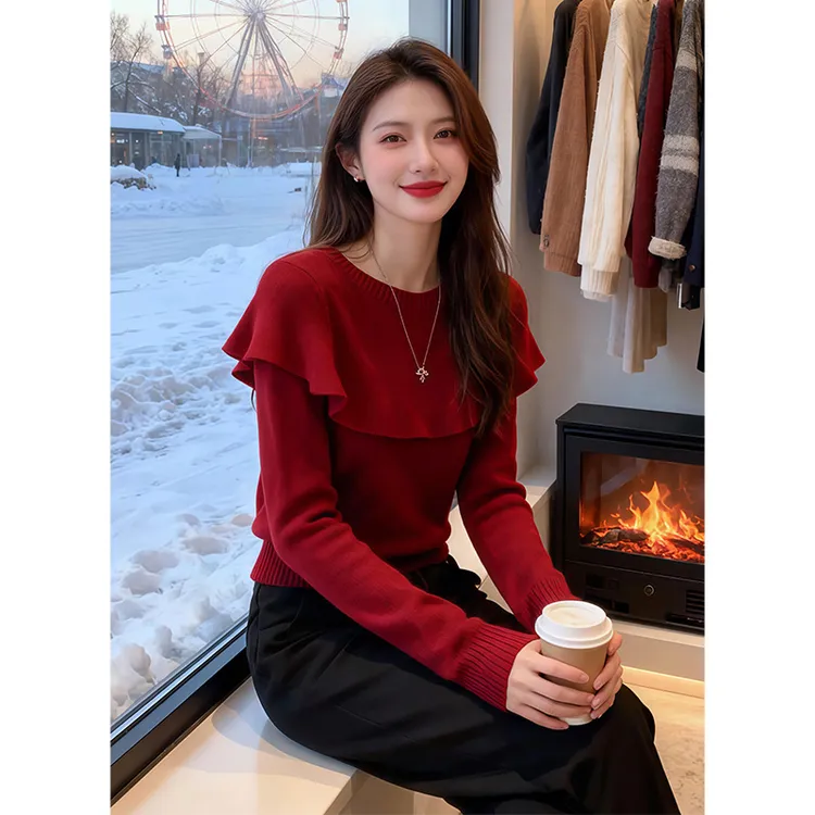 安可拉红穿搭新年战袍酒红色毛衣女款2025新款冬季内搭打底针织衫