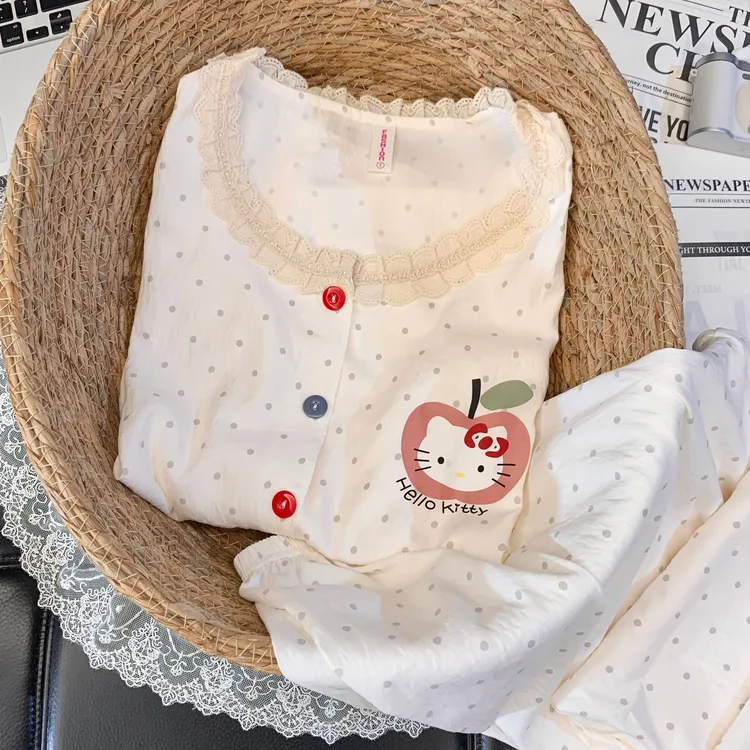长袖云朵绵【圆领花边苹果KT猫】可爱甜美睡衣少女套装春秋家居服