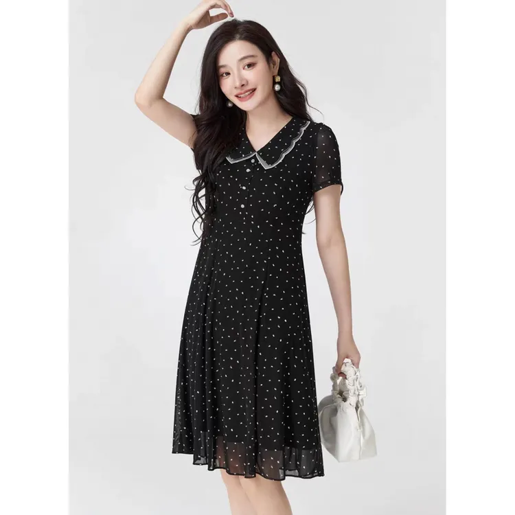 夏季时髦显瘦微弹印花气质碎花中长款修身法式连衣裙时尚波点黑色
