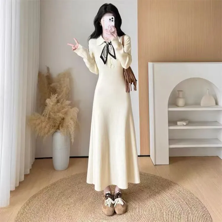 法式气质长袖针织连衣裙女2025新款秋冬高级感内搭显瘦配大衣长裙