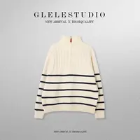 Glele私服「学姐毛衣」法式复古大翻领条纹套头毛衣女