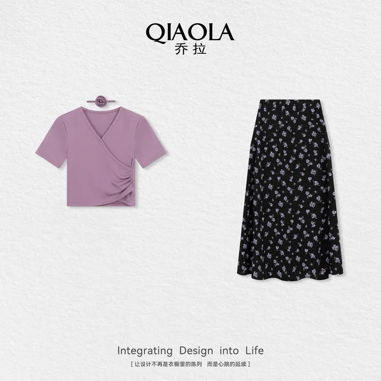 QIAOLA/乔拉【紫嫣梦影】夏新款梭织印花透气遮肉显瘦时尚套装预售