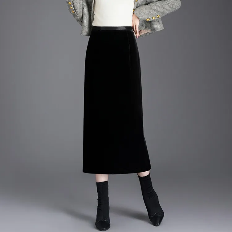金丝绒黑色包臀裙时尚秋冬新款高腰显瘦开叉长裙直筒垂坠感半身裙