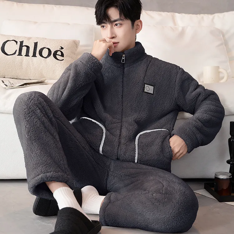 男士睡衣秋冬季北羔绒加绒加厚保暖外穿时尚休闲珊瑚绒家居服套装