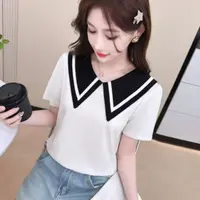 25021#【衣长53】拼接短袖海军领娃娃领钉珠T恤短款显瘦赫本风上衣