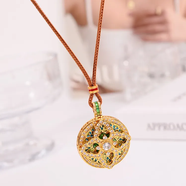 铜合金项链 新中式国色天香珐琅彩罗盘项链女秋冬长款毛衣链配饰