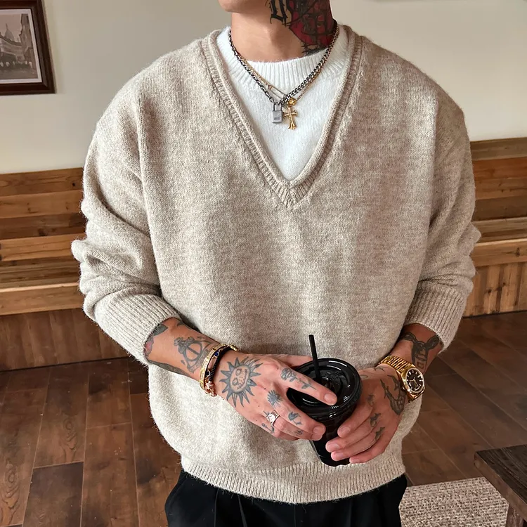 OXFREAK「老钱风 深v领」羊毛混纺假两件毛衣男秋冬慵懒感针织衫