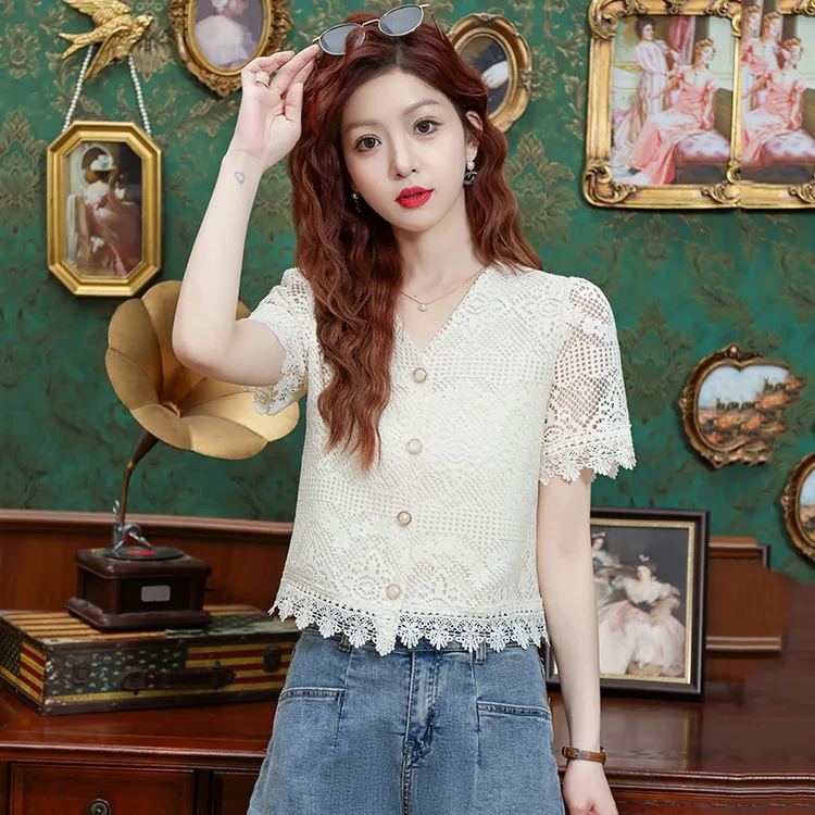 开衫有里衬实拍现货 2025夏季新款时尚镂空减龄上衣女短袖蕾丝衫