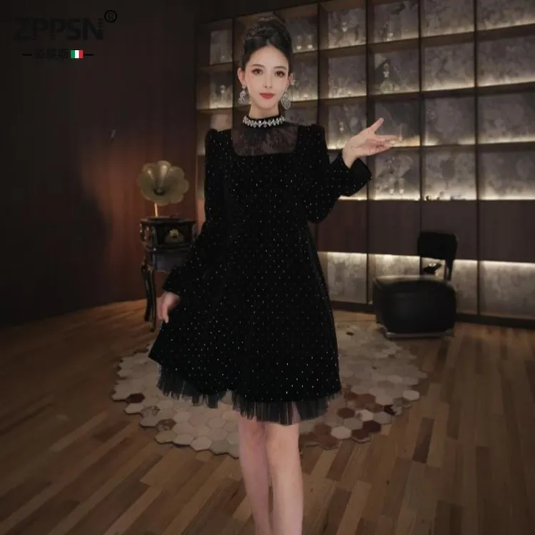 ZPPSN欧洲站蕾丝拼接连衣裙女春季黑色礼服高端轻奢小众烫钻收腰a