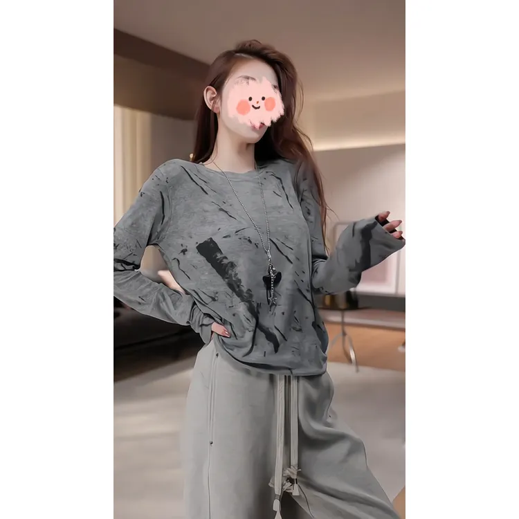 休闲风设计灰色晕染长袖打底衫t恤女装2025秋季新款时尚内搭上衣