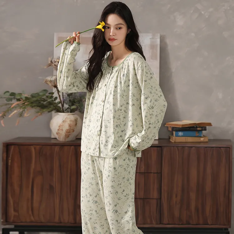 如焦春秋季女士睡衣秋季爽棉长袖长裤家居服开衫时尚洋气女款套装