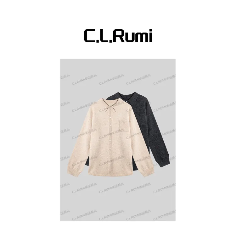【Rumi精选】“卡布奇诺”秋冬简约宽松翻领多扣羊毛针织上衣7374sy
