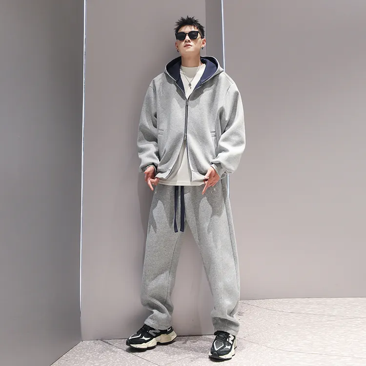大码男装300斤美式拉链连帽卫衣套装男春秋季新款宽松运动两件套