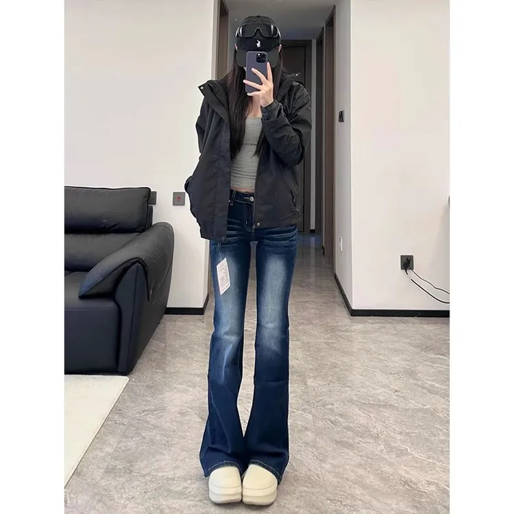 高个子美式复古辣妹低腰微喇牛仔裤秋冬紧身弹力显瘦直筒喇叭裤子