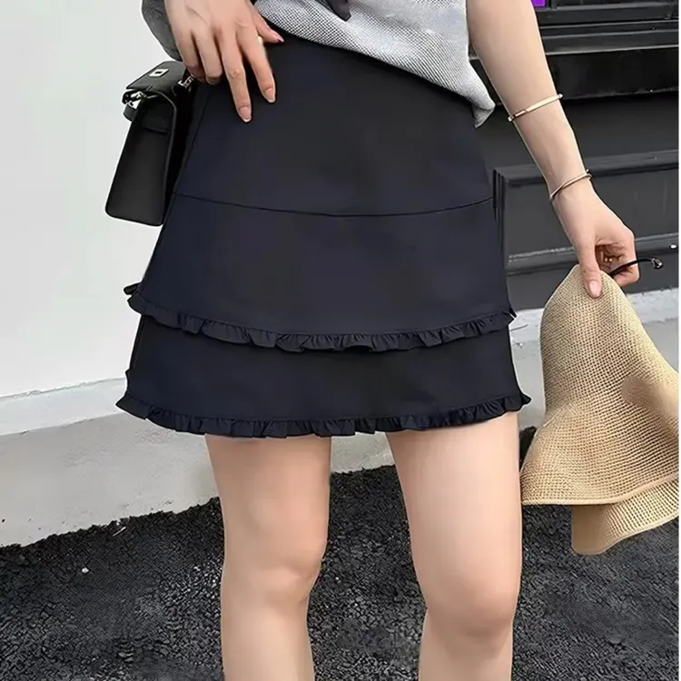 时尚百搭夏季不规则双层木耳边A字新款高腰显瘦防走光半身裙子