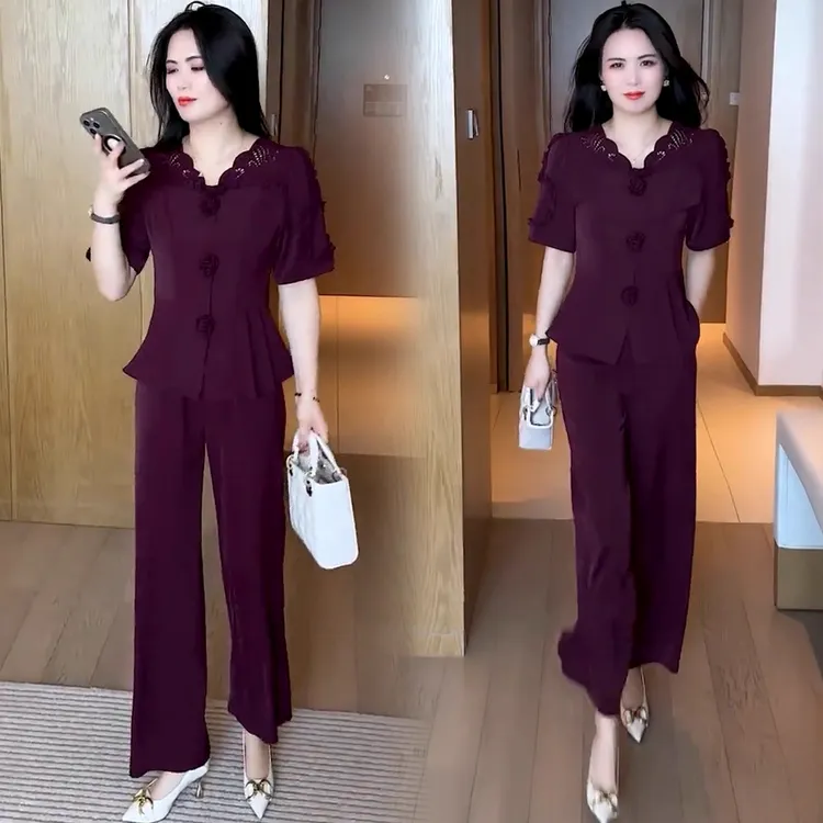 时尚套装女2025夏季新款洋气妈妈装减龄显瘦V领上衣阔腿裤两件套