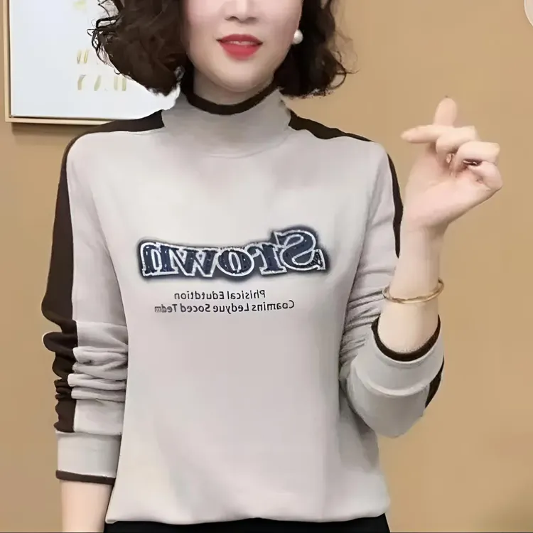 秋冬保暖打底衫卫衣女字母极简风半高领德绒印花烫钻长袖百搭T恤
