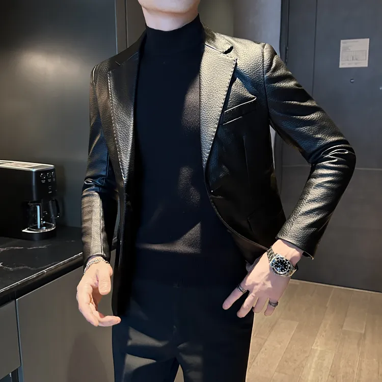 男士痞帅皮衣西装外套修身秋冬季新款高级感时尚休闲商务皮西服男