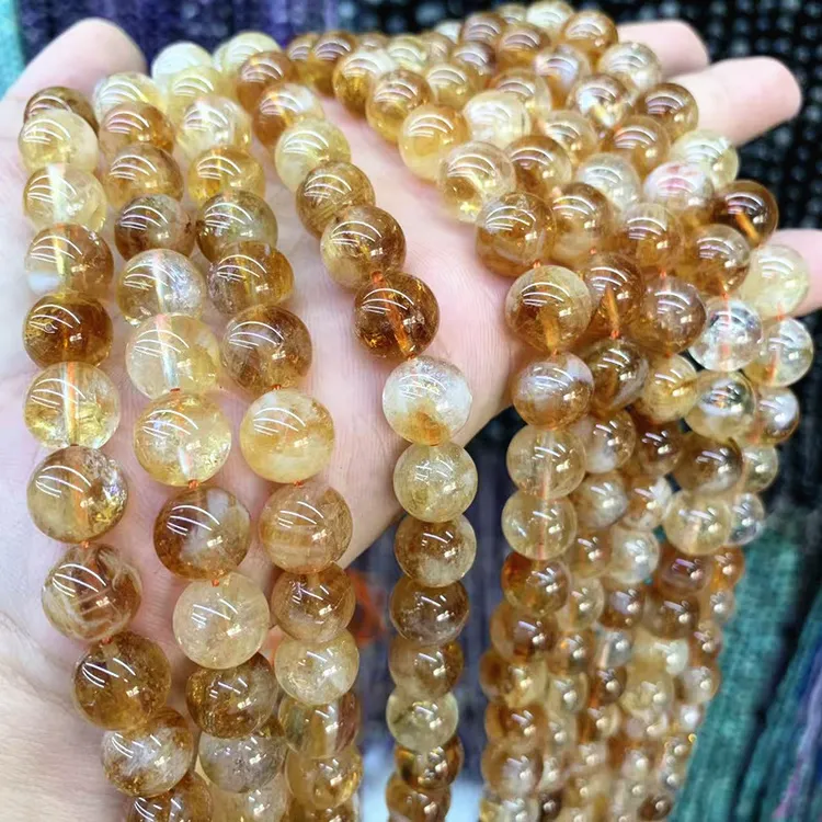 6A天然黄塔晶散珠圆珠招财异象黄水晶有孔珠子diy手工水晶串珠