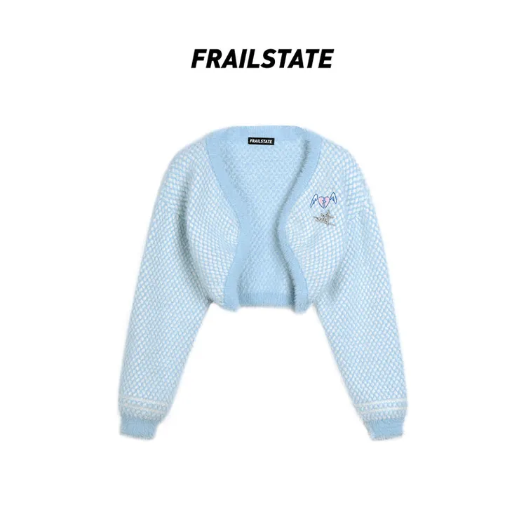 几何花型毛织套装：短外套+吊带+短裙