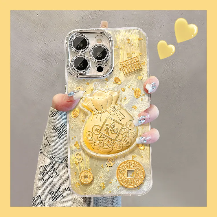 金币福袋公仔适用苹果17华为vivo/oppo小米iPhone16羽纱纹手机壳