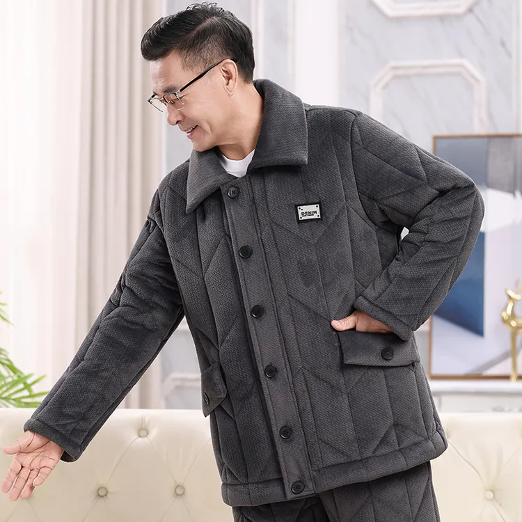 冬季中老年睡衣男珊瑚绒夹棉加厚连帽款保暖爸爸法兰绒家居服套装