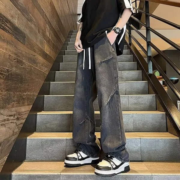 春秋新款男士裤子复古高街牛仔裤宽松直筒裤子阔腿长潮流百搭男裤