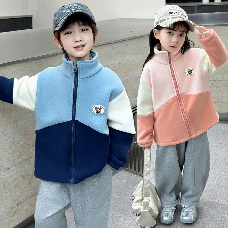 男女童加绒外套冬季中小儿童休闲立领开衫奥利绒棉服上衣潮简约