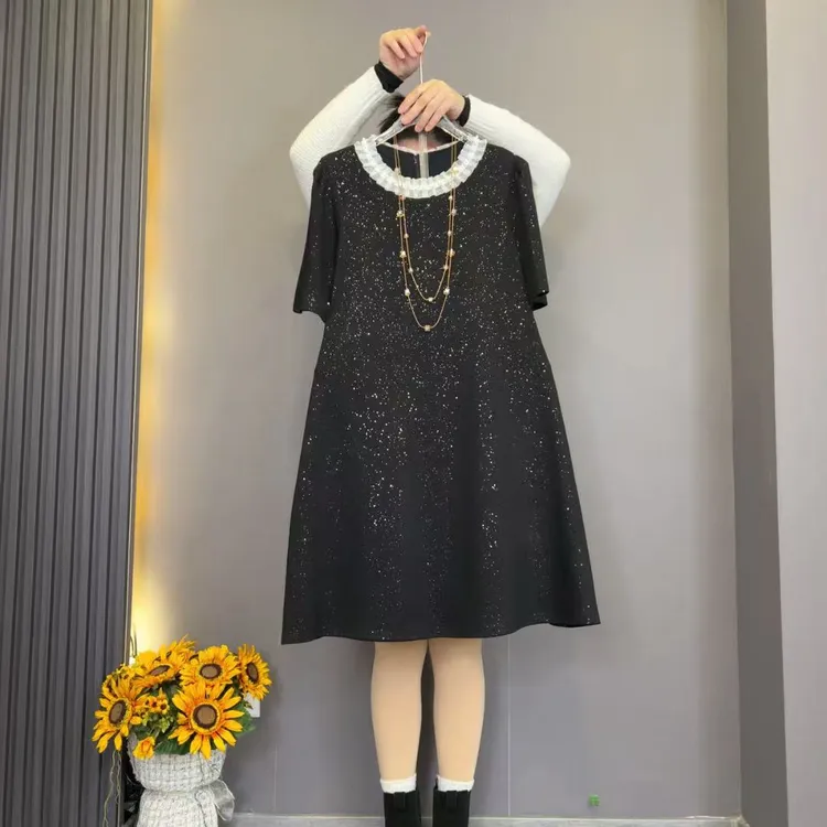 1887新款气质亮晶晶短袖小黑裙宽松连衣裙大码女装