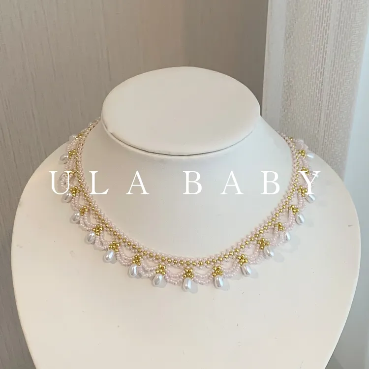 铜合金项链 【喜儿ula】8-20-9小众粉珠编织流苏复古宫廷风项链