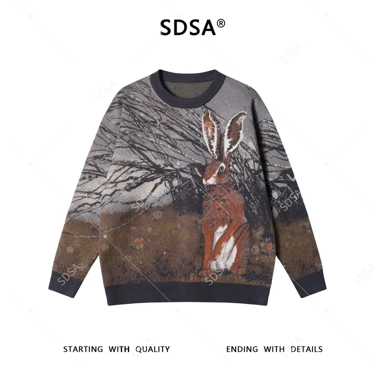 SDSA男士秋冬新款痞帅男装简约彩绘卡通兔子圆领毛衣百搭复古上衣