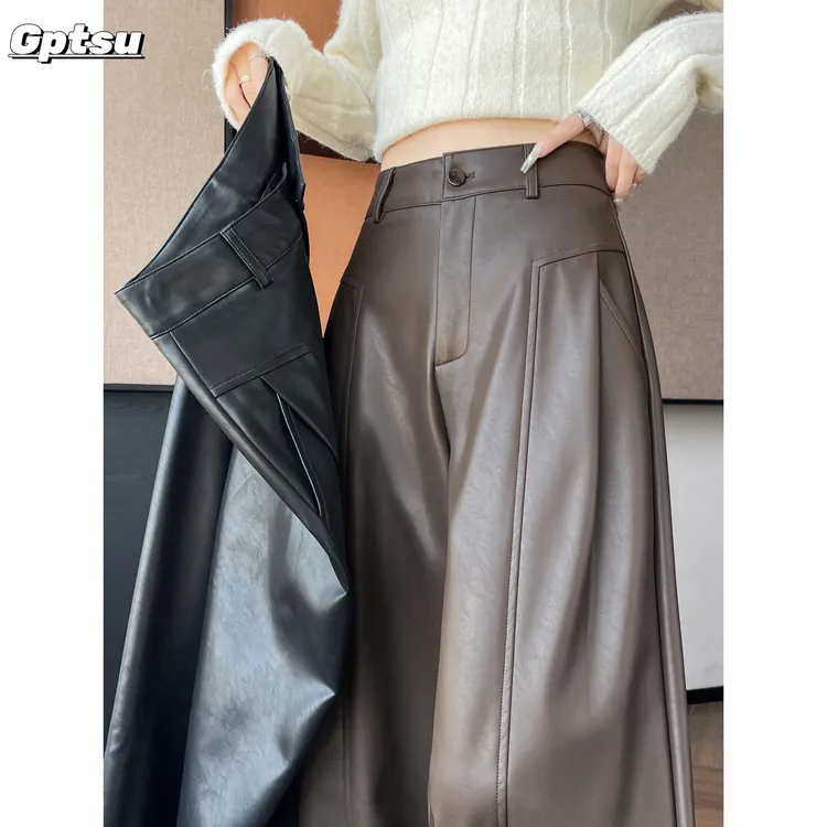 GPTSu咖色皮裤阔腿裤女秋季新款高腰显瘦宽松直筒休闲裤子拖地裤