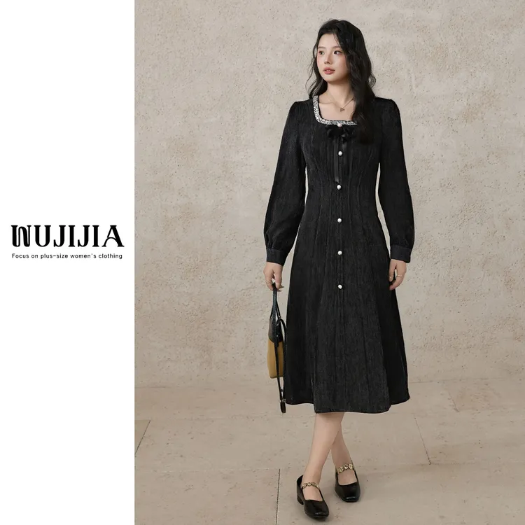 【五季家大码】显瘦气质时尚复古法式灰色连衣裙ZL55124大码女装