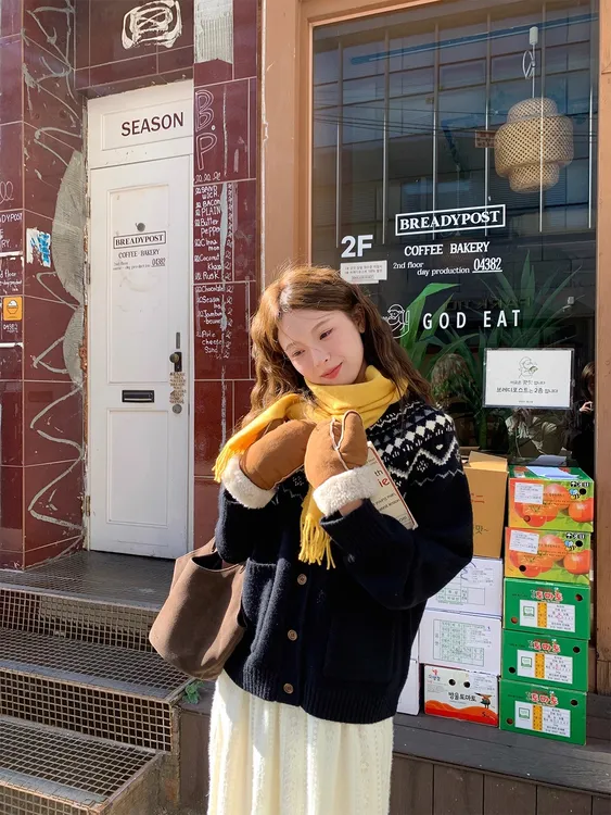 韩系慵懒风复古提花费尔岛圆领针织开衫女秋冬宽松软糯百搭毛衣女