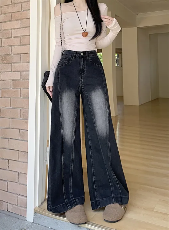 美式复古黑灰色阔腿牛仔裤女2025春季新款高腰显瘦宽松垂感直筒裤
