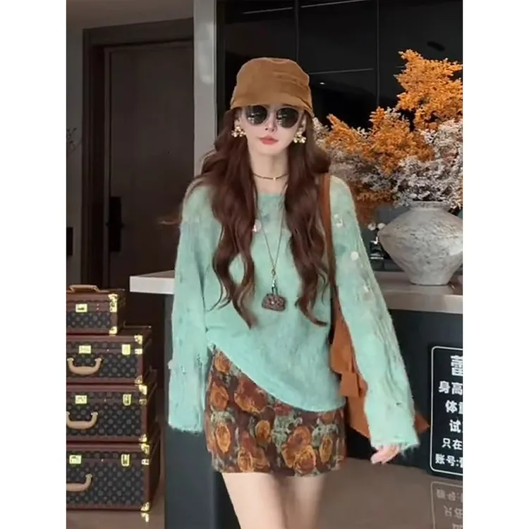 套头针织衫毛衣女2025早秋氛围感穿搭镂空上衣慵懒软糯亮片设计感