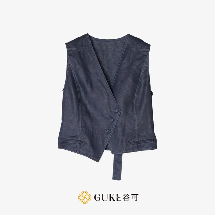 GKE/谷可S3100蓝色亚麻休闲马甲女款外穿2025新款国风无袖V领马夹