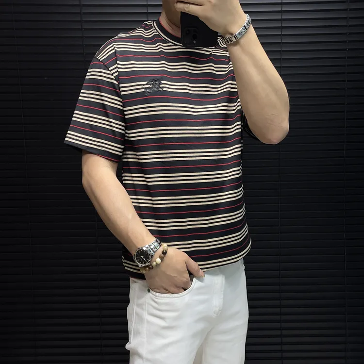 短袖T恤夏季新款弹力修身条纹印花凉爽透气夏季休闲商务穿搭