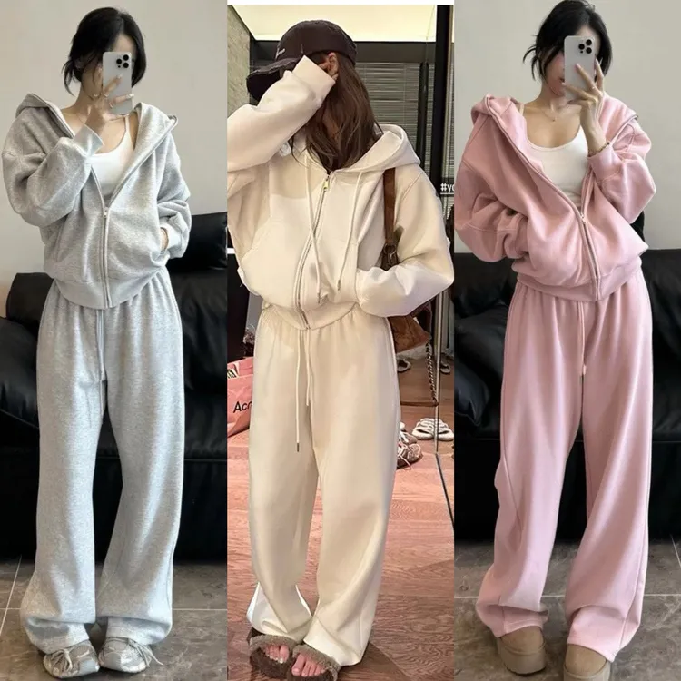 慵懒休闲运动风套装加厚加绒连帽宽松卫衣高腰休闲长裤秋冬套装