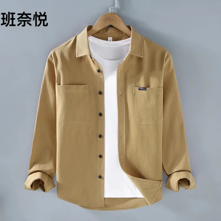 春秋工装衬衫男长袖薄款潮牌时尚日系休闲纯色百搭宽松衬衫外套潮