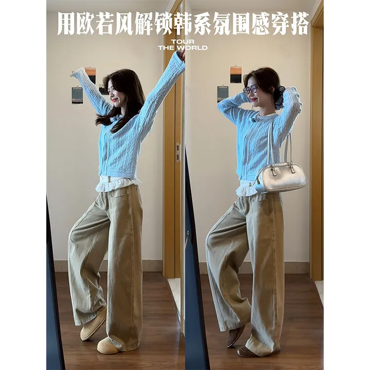 【现货】韩系穿搭2025春秋爆款洋气欧若风针织开衫花边阔腿裤两件套