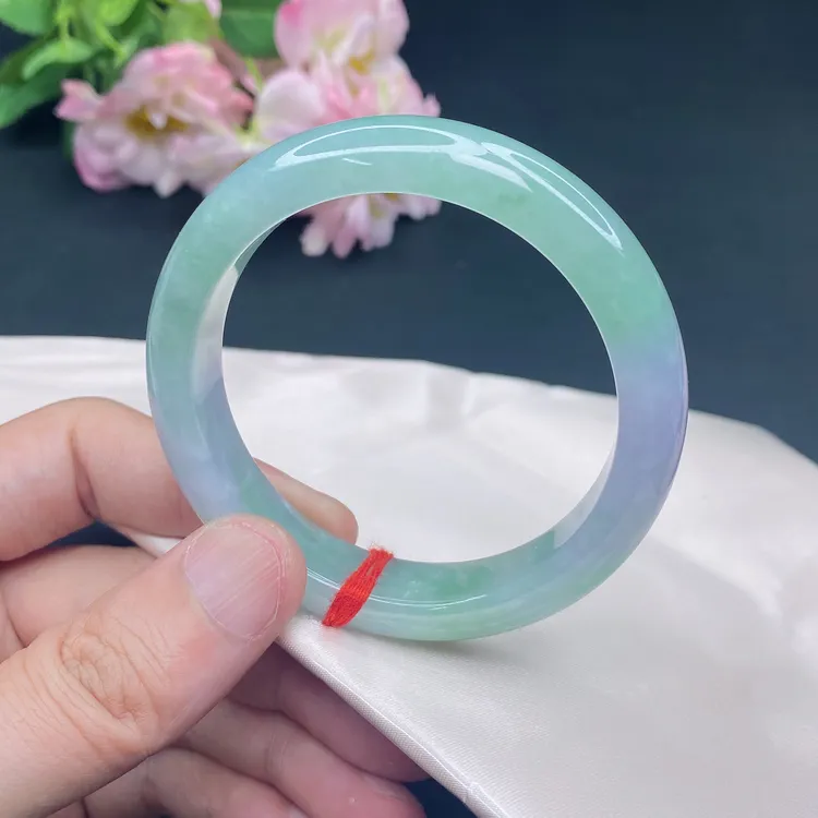 619 缅甸天然翡翠A货手镯 58圈冰飘绿正圈春彩宽边平安翡翠手镯