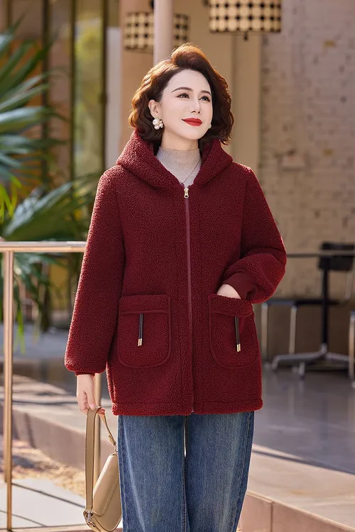 口袋流苏连帽拉链纯色休闲大码妈妈装加厚加绒外套棉服