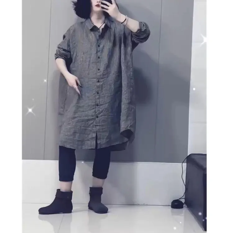 2439大爱美依缘2024春款翻领宽松中长款格子衬衫显瘦休闲时尚