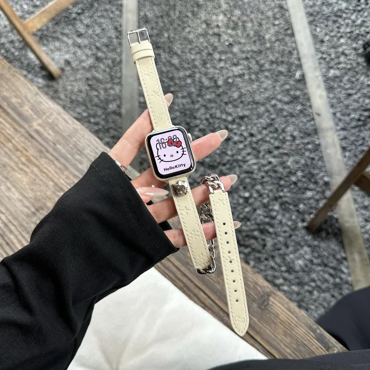 适用苹果Applewatch手表S10真皮表带iwatch9se双圈KT猫链细款11代