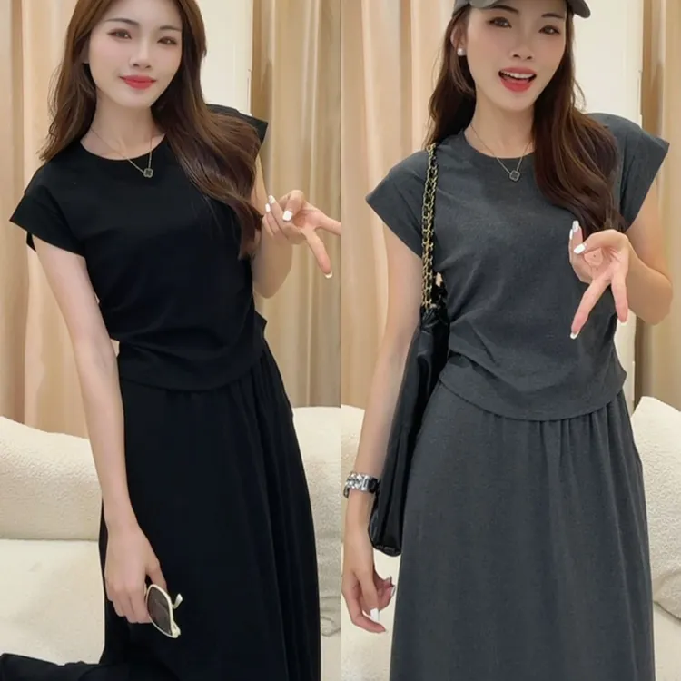 飞飞袖修身夏装套装女收腰遮肉显瘦气质垂感大摆长裙+T恤套装裙子