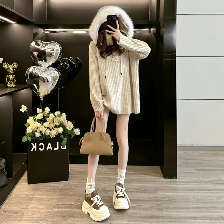 厚款加厚冬季针织毛针织衫毛衣女保暖慵懒风连帽宽松中长款外套