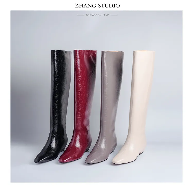 5cm/34-39/秋冬新款粗跟内增高真皮骑士靴方头时装靴过膝长靴