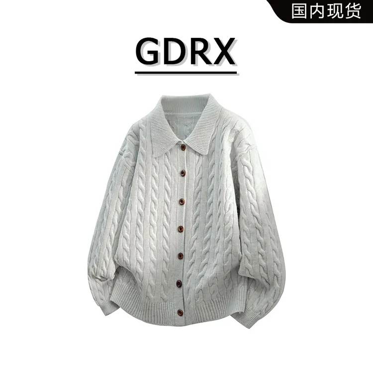  GDRX麻花纹设计男士针织毛衣2025秋季翻领开衫时尚宽松上衣外套